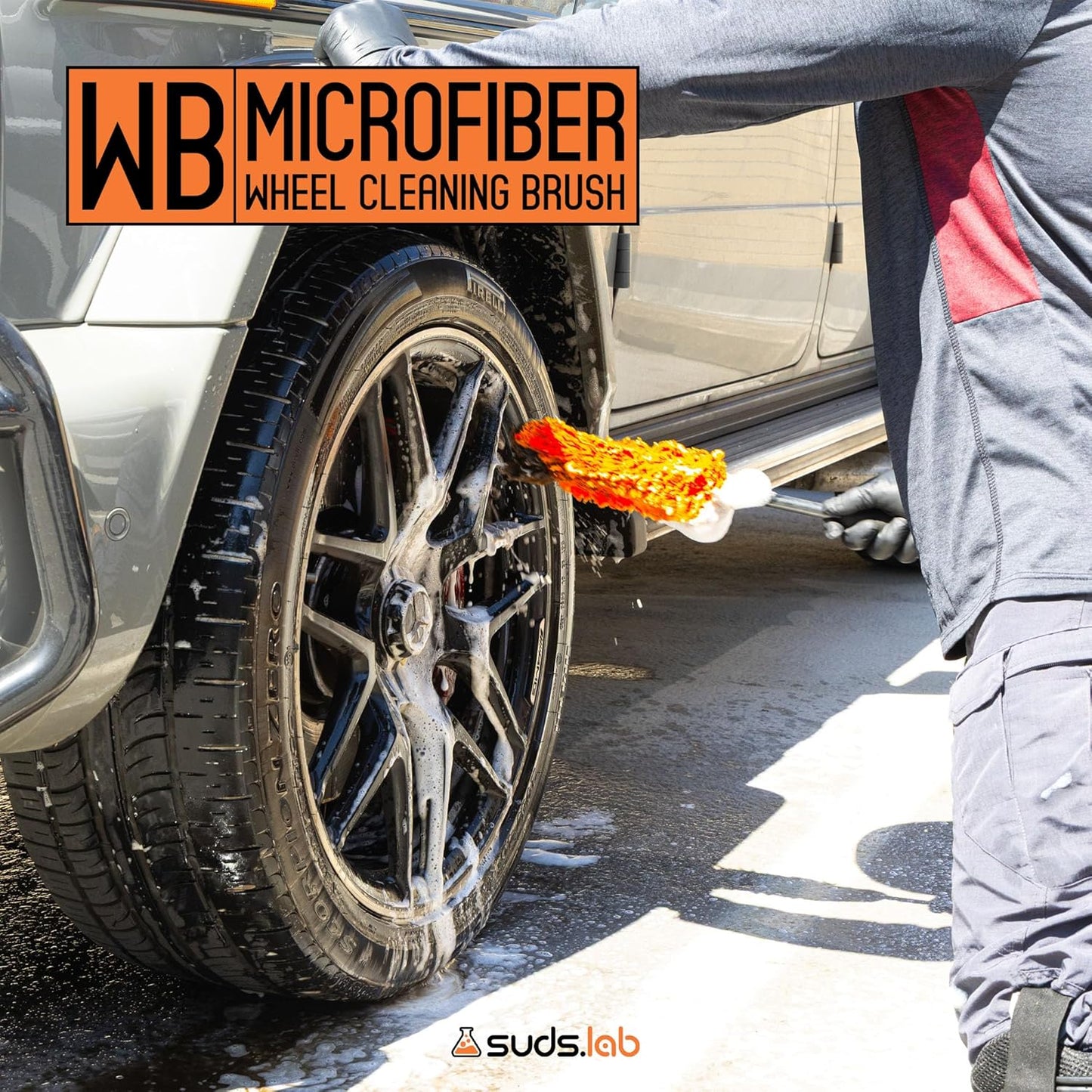 Suds Lab WB Premium Microfiber Cleaning Wheel Brush for All Vehicle Types – 18.1" Ultra-Soft & Scratch-Free Reusable Rim, Wheel, and Tire Brush with Ergonomic Handle
