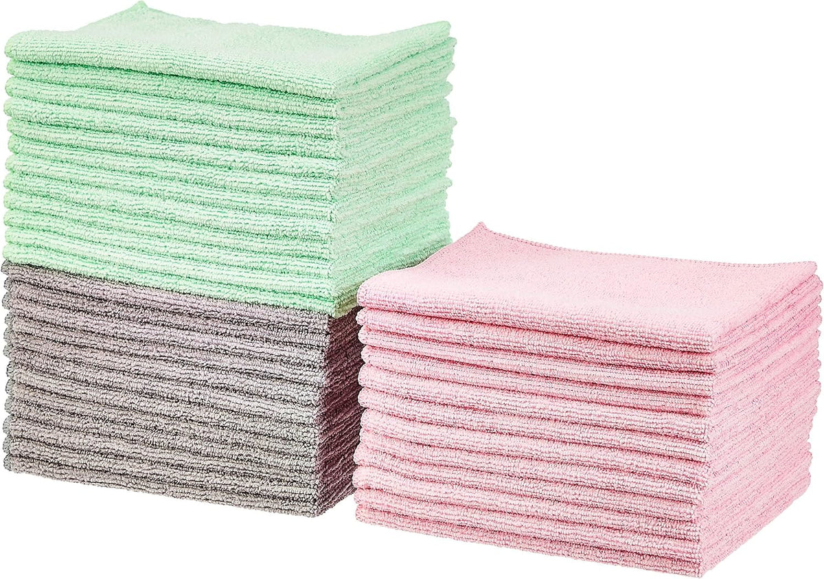 Amazon Basics Microfiber Cleaning Cloths, Ultra-Soft and Highly Absorbent, Streak-Free, Lint-Free, Scratch-Free, Washable, for Car Detailing and Glass Cleaning, 16" x 12", Green/Gray/Pink, 24-Pack