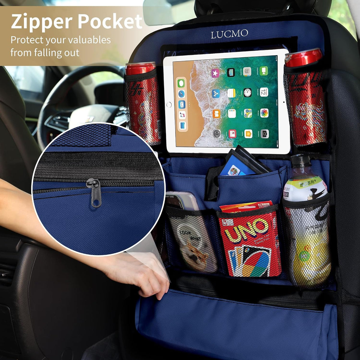 LUCMO Car Backseat Organizer with Touch Screen Tablet Holder,Dark Blue | 2 Pcs,9 Storage Pockets,Clear Tablet Holder,Protectors Kick Mats,Travel Accessories,Seat Cover,Road Trip Essentials