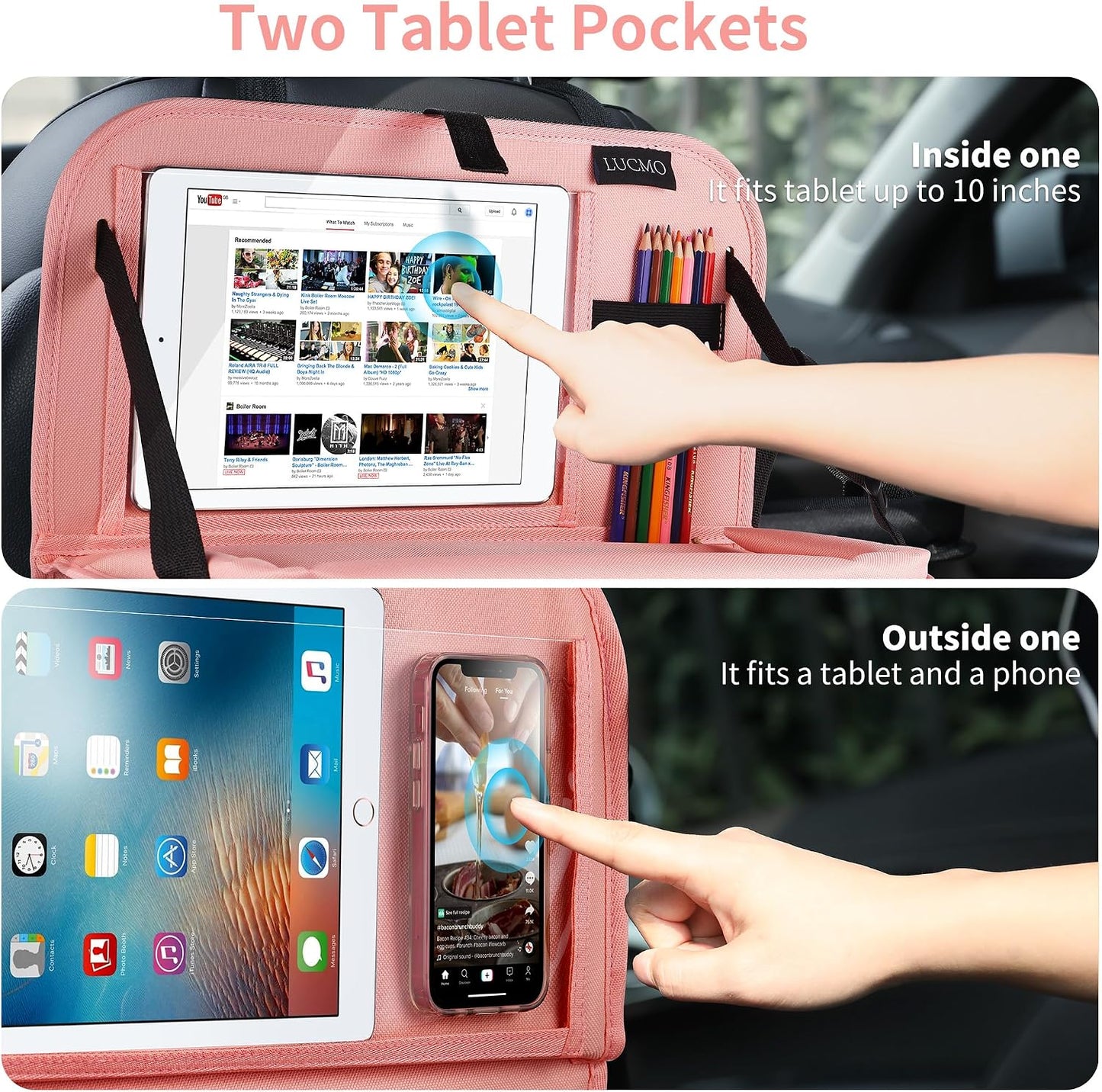 LUCMO Car Backseat Organizer with Foldable Tablet Holder, Pink | 6 Storage Pockets,Foldable Food Tray,Protectors Kick Mats,Travel Accessories,Seat Cover,Road Trip Essentials