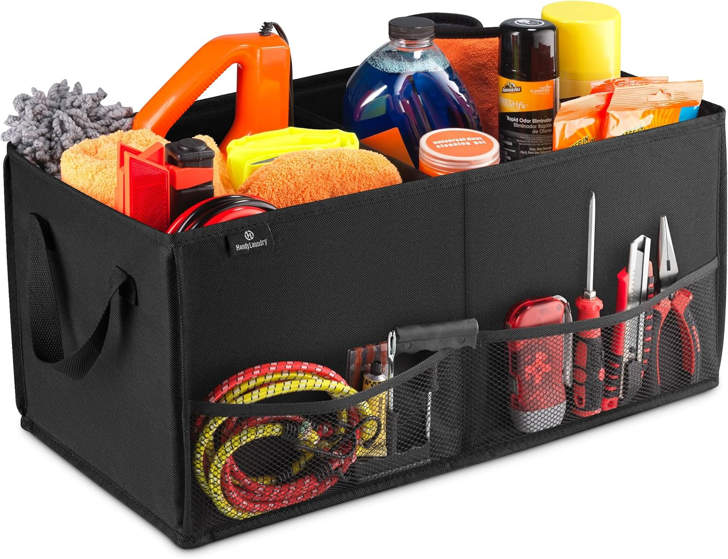 Handy Laundry Car Trunk Organizer – Large 2 Compartment Storage Bin with Non-Slip Fastener, Mesh Side Pockets & Heavy-Duty Handles, 22 x 10 x 11 in, Black – Prevents Shifting & Rolling
