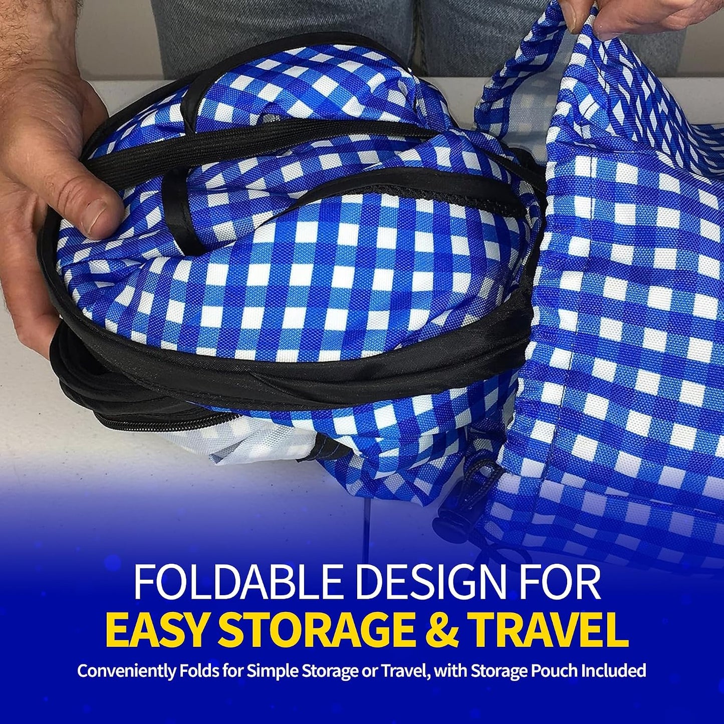 Pet Fit For Life Extra Large Cat Carrier for Travel - Foldable & Portable Collapsible Kennel with Litter Box, Feather Toy & Water/Food Bowl - Ideal for Cars, Long Trips & Indoor Cats - Blue Checkers