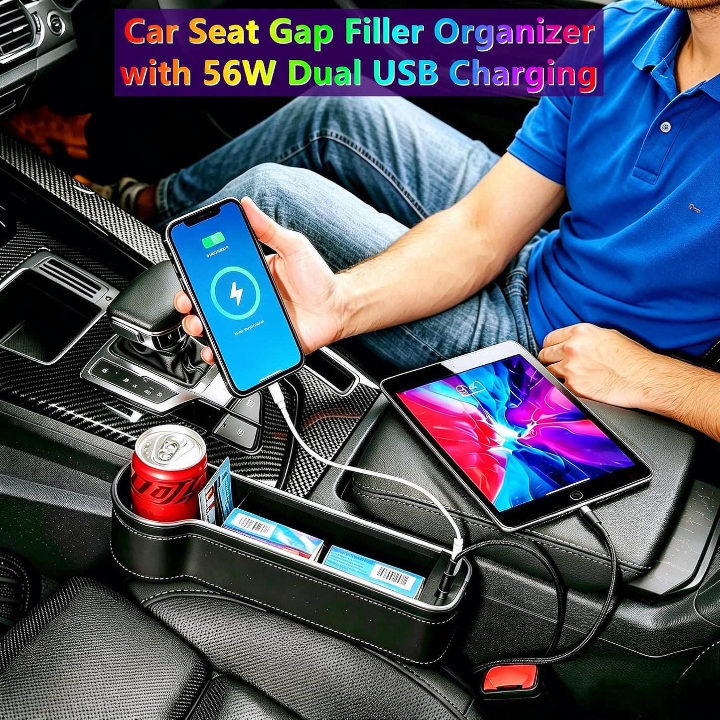 2 Pack Car Seat Gap Organizer,Multifunctional Seat Gap Storage Box with USB Fast Charger, Car Seat Pockets with Led Light, Car Seat Gap Filler with Cup Holder (Black)