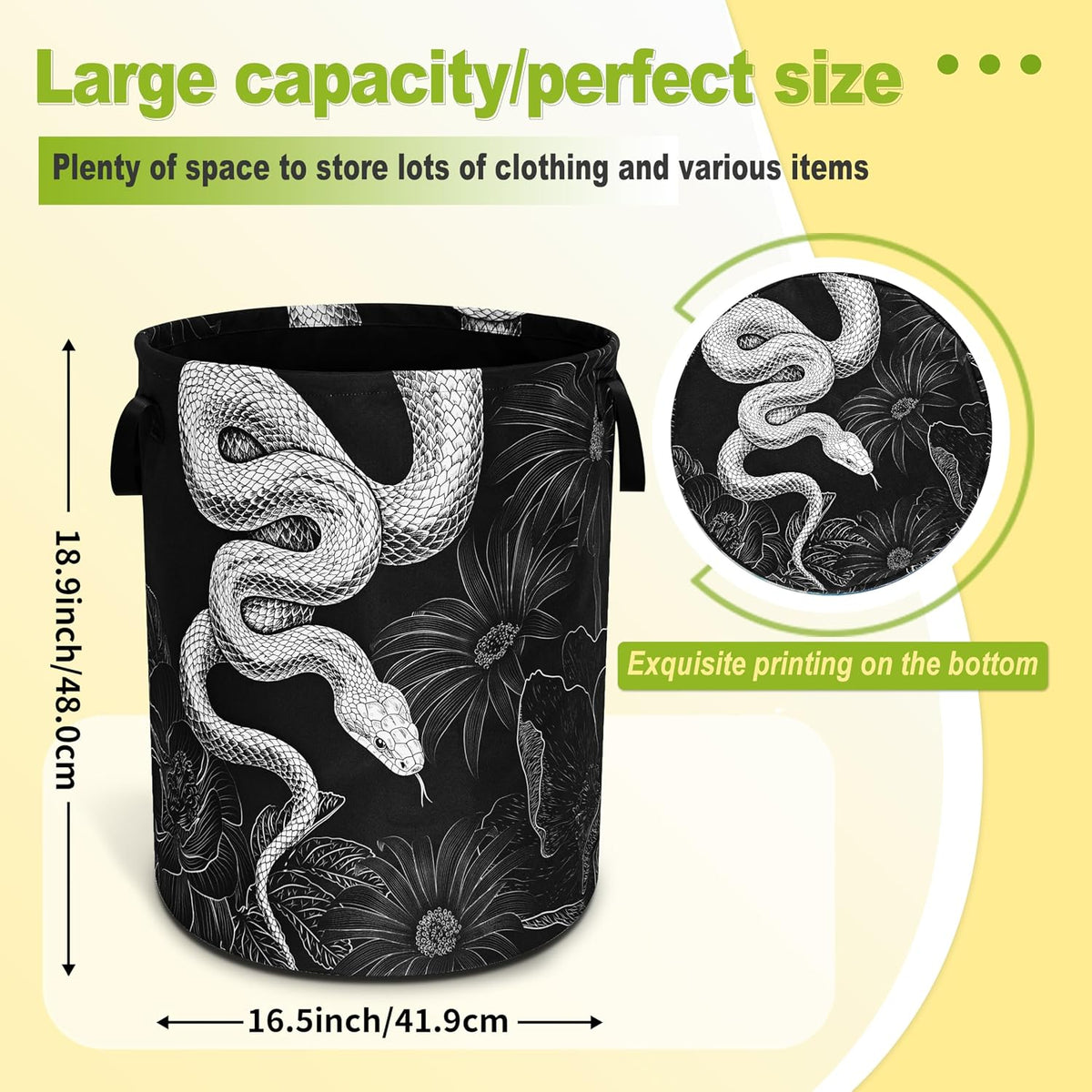 Snake Floral Prints Laundry Basket Foldable Waterproof Hamper 18.9x16.5 In