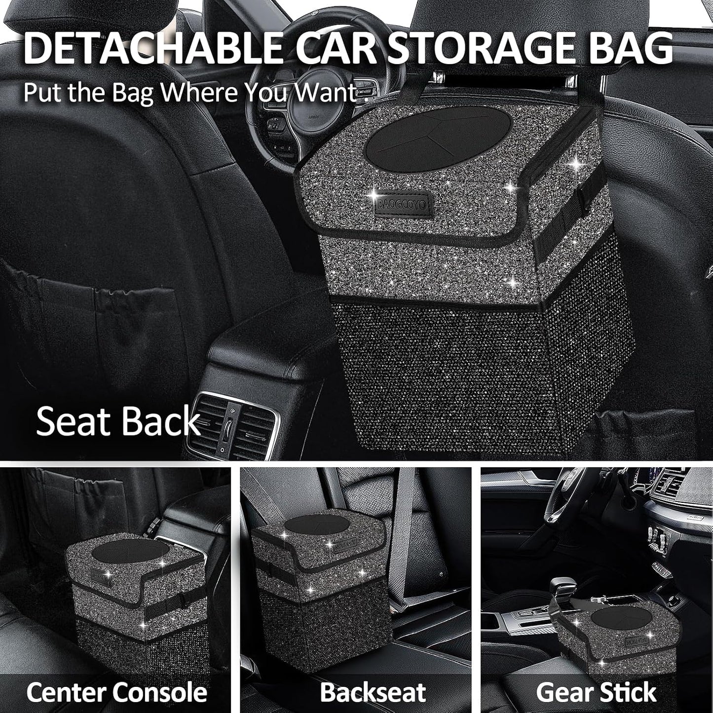 Cute Mini Car Trash Bag with Lid, Glitter Garbage Can Bin Hanging for Back/Front Seat/Console, Waterproof, Leakproof, 2.5 Gallon, Black Bling Sparkly
