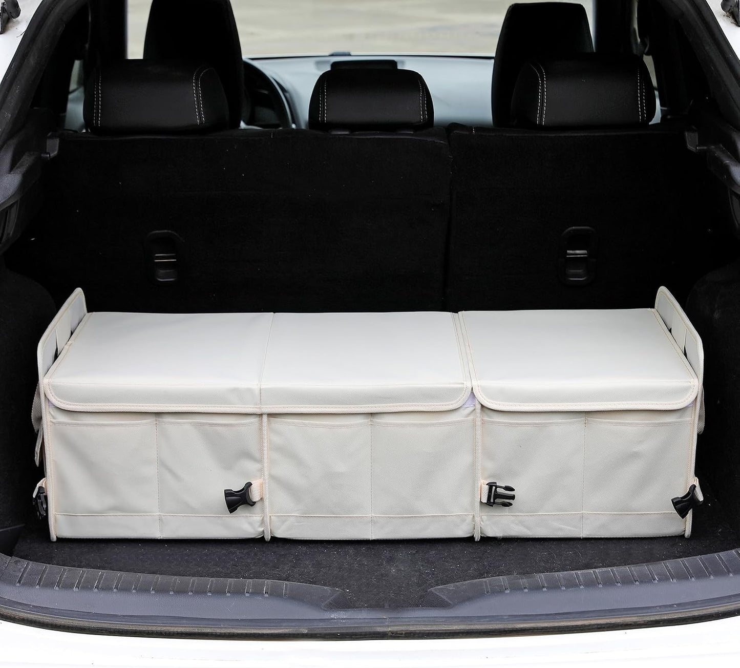 AOKJOY Car Trunk Organizer with Lid Storage Collapsible Multi Compartment Adjustable Straps for SUV, Truck, Sedan(Beige) XL