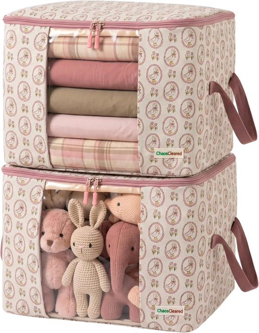Chaos Cleared Kids Storage Bags – 100% Cotton Canvas Toy & Clothes Organizer with Cute Design – Storage Bin for Stuffed Animals, Baby Items & Clothes with Zipper & Handles (Pink Duck Print)