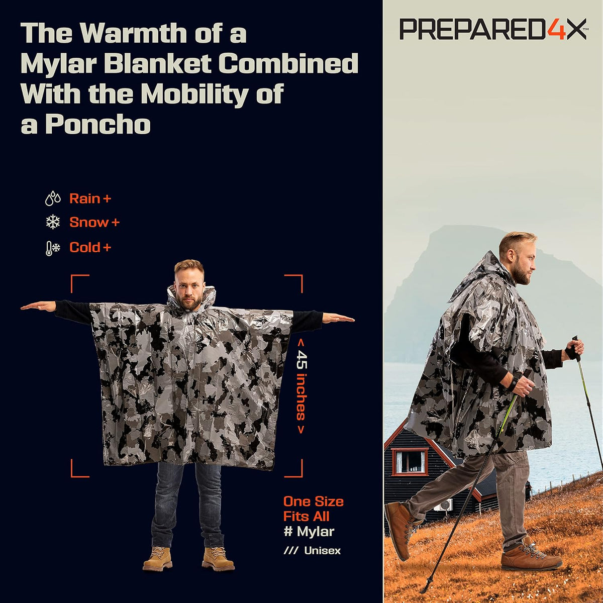 PREPARED4X Emergency Mylar Poncho – Survival Rain Poncho with Hood – Lightweight, Compact, Reusable Emergency Blanket Poncho for Hiking, Camping, Thermal Gear, Car Kit, Outdoors