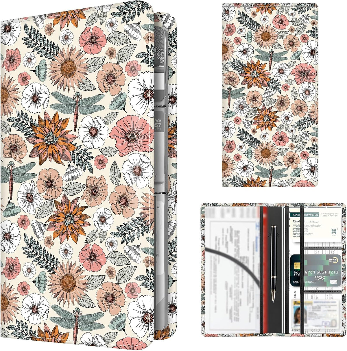 Premium Car Registration and Insurance Card Holder, Cute PU Leather Car Document Holder, Vehicle Glove Box Car Organizer with Magnetic Closure for Driver License, Cards Boho Flowers