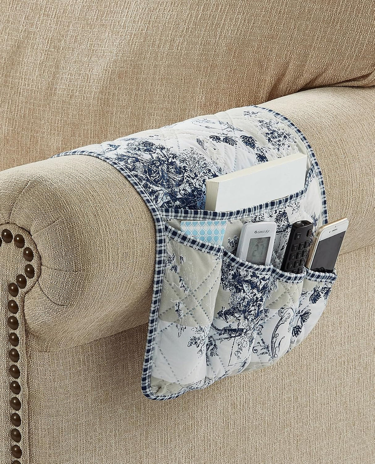 Brilliant Sunshine Blue & Beige Toile Couch Armrest Cover, 35"×13"