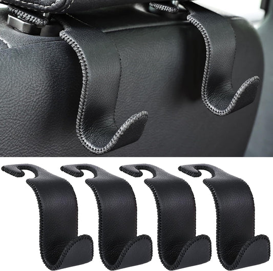 Amooca Car Seat Headrest Hook 4 Pack Metal Core Hanger Universal Car Storage Organizer for Handbag Purse Coat S Type Leather Black
