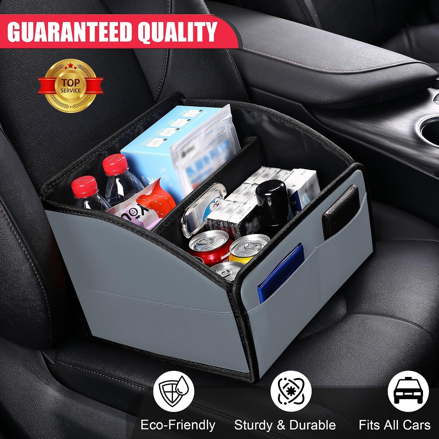 Car Storage Organizer [2025 UPDATED] Leather Car Caddy Basket for Front Seat Floor Back Seats Metal Handle 6 Compartments Adjustable Strap Buckles Slip-Resistant (Gray)