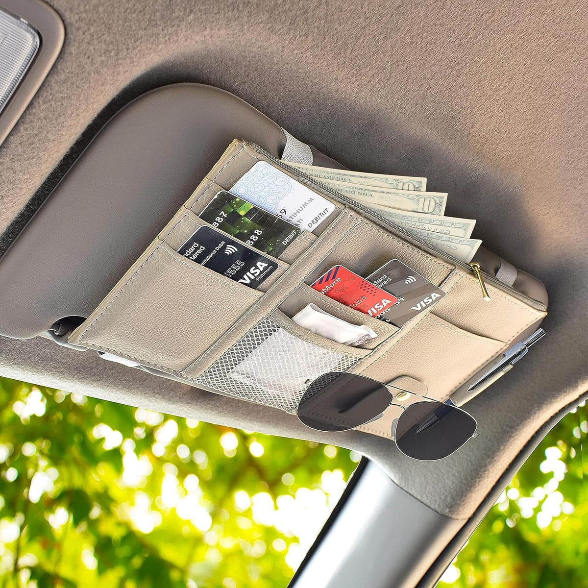 EcoNour Car Sun Visor Organizer (Black) | Multi-Pocket Net Zipper Case