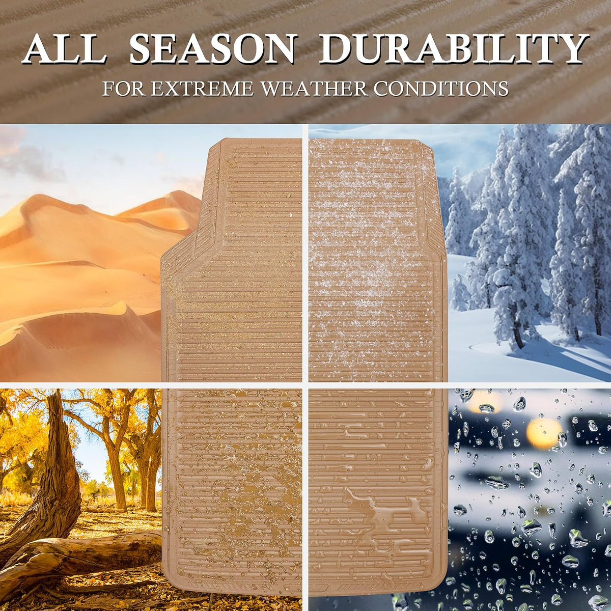 CAR PASS Rubber Floor Mats - All Weather, Full Set 4-Piece, Waterproof Automotive Mats Trim to Fit Most Cars, Sedans, SUVs, Vans - Heavy Duty Anti-Slip Easy Clean, All Beige