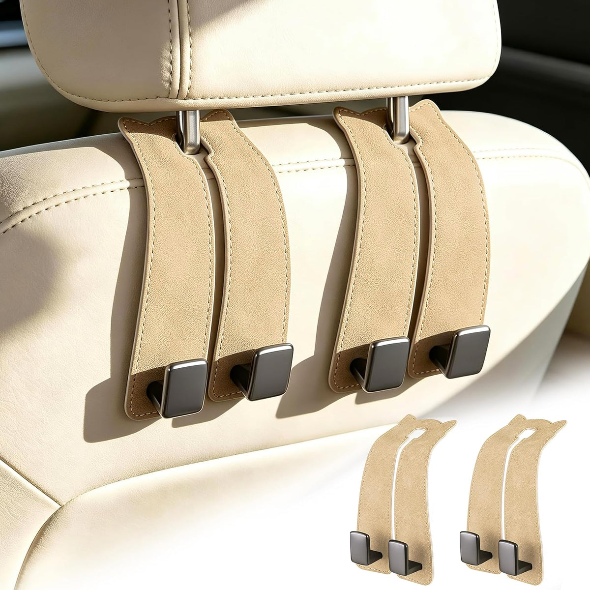 Amooca Car Headrest Hooks 4-Pack Suede Seat Organizer with Metal Core