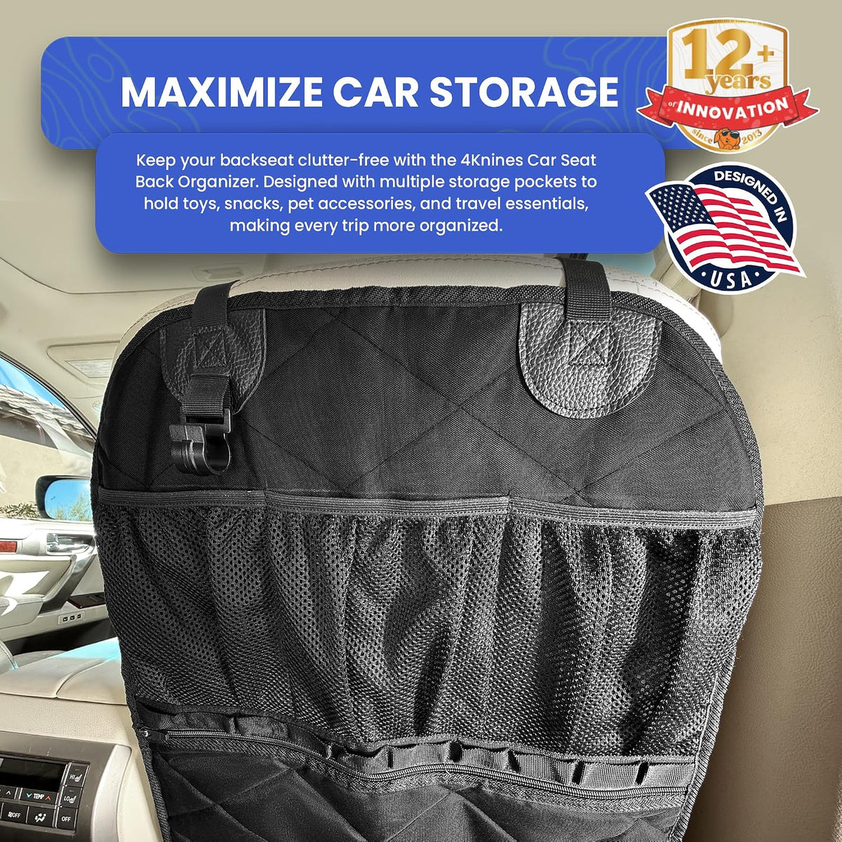 4Knines Car Seat Back Organizer – Heavy-Duty Kick Mat, Mesh Pockets, Black