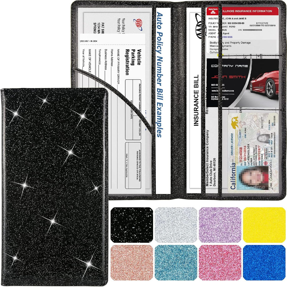 Leather Car Registration and Insurance Holder Magnetic Shut, Glitter Black