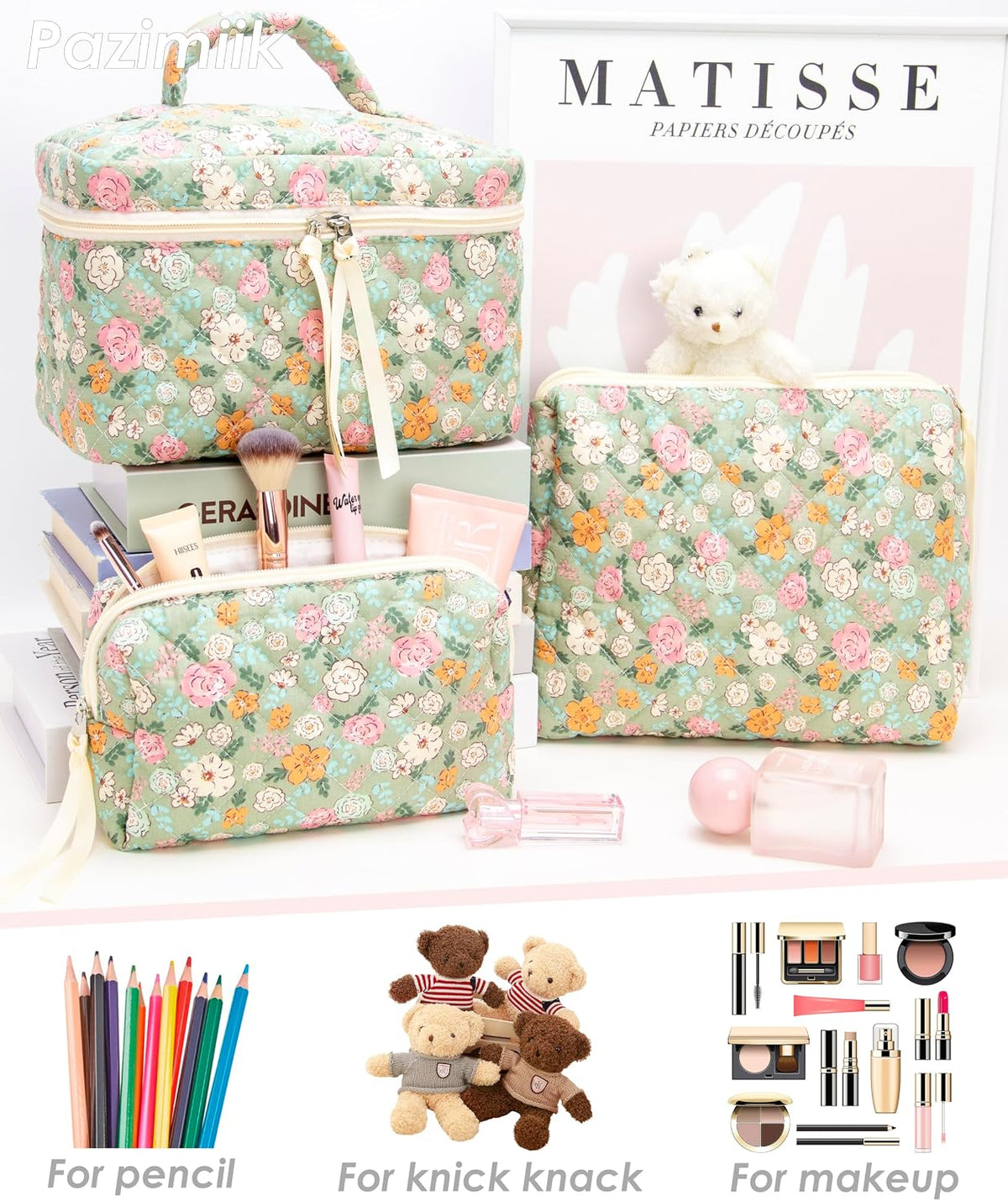 3 Piece Quilted Makeup Bag Set for Women,Cosmetic&Toiletry Bag,Green Flower