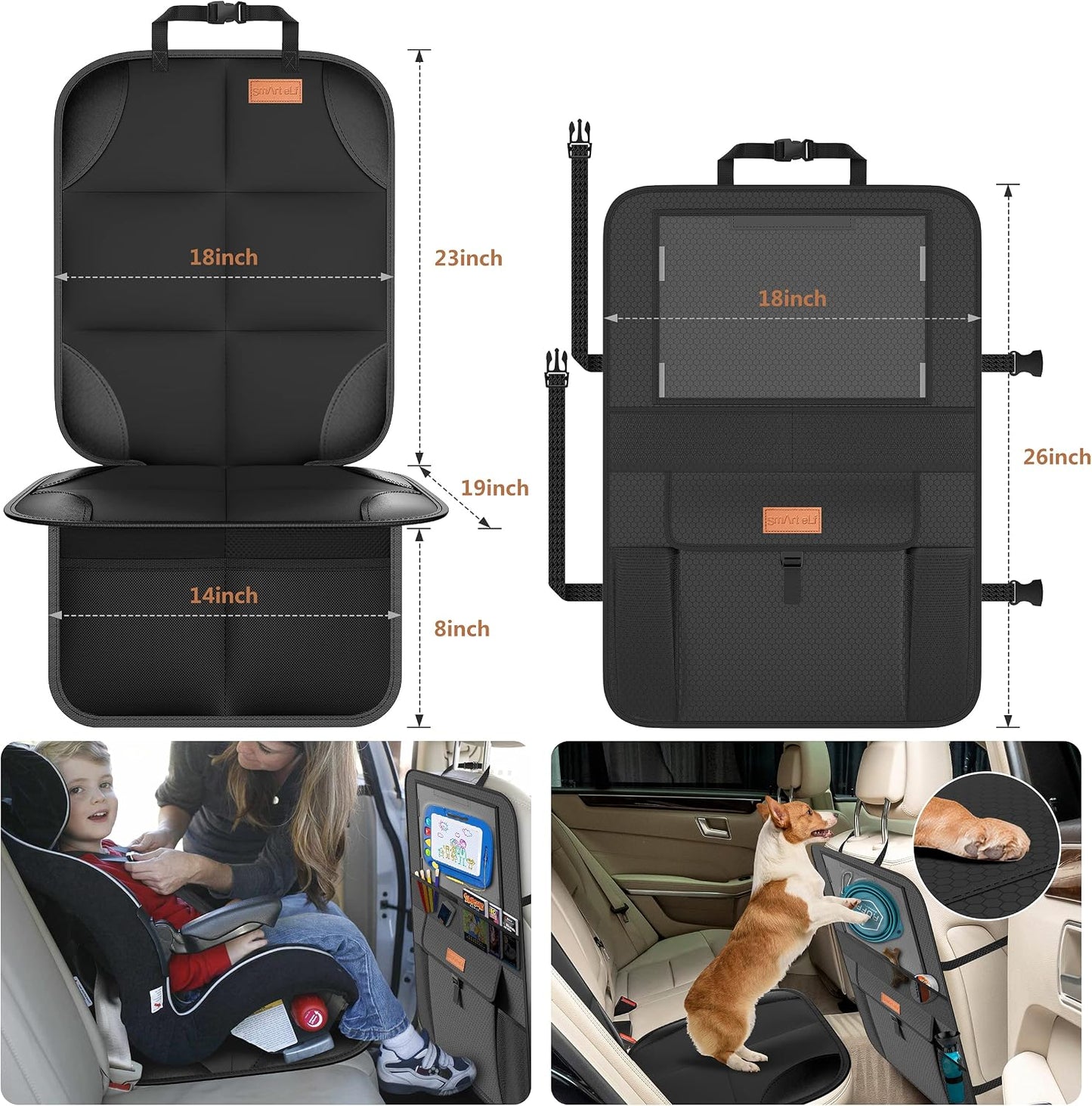 SMART ELF Non-Slip Backing Backseat Car Organizer Kick Mat with Storage Pockets, Large Waterproof Baby Car Seat Protector for Leather and Fabric (Black)