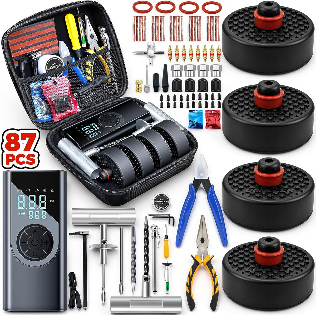 for Tesla Model Y/3/S/X Jack Pads with Flat Tire Repair Kit & Portable Air Compressor, Emergency Roadside Puncture Plug Set Car Fast Repair & Inflation - Heavy Duty Tools with Storage Case
