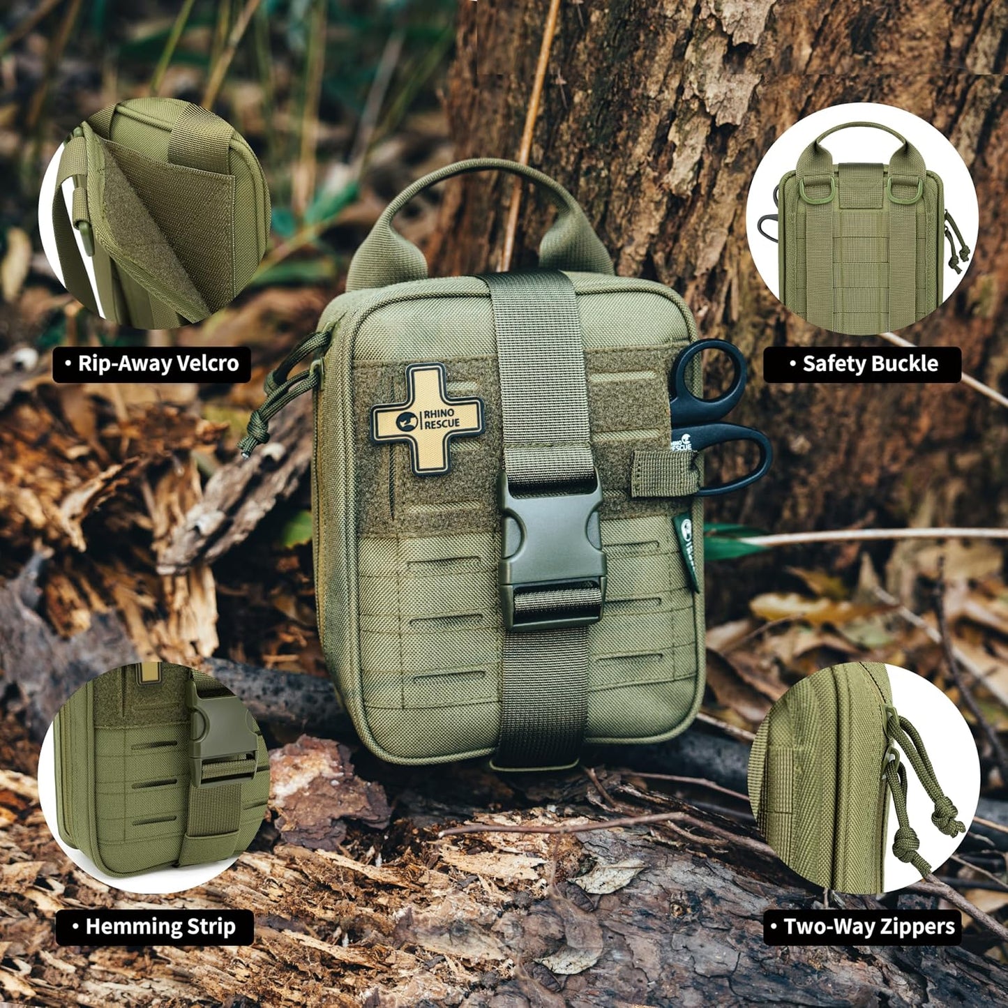 RHINO RESCUE Survival First Aid Kit for Hiking, Backpacking | Portable Size, IFAK Molle Pouch, Essential Outdoor Gear, 100+ First Aid Supplies, 20+ Survival Essentials, HSA/FSA Approved