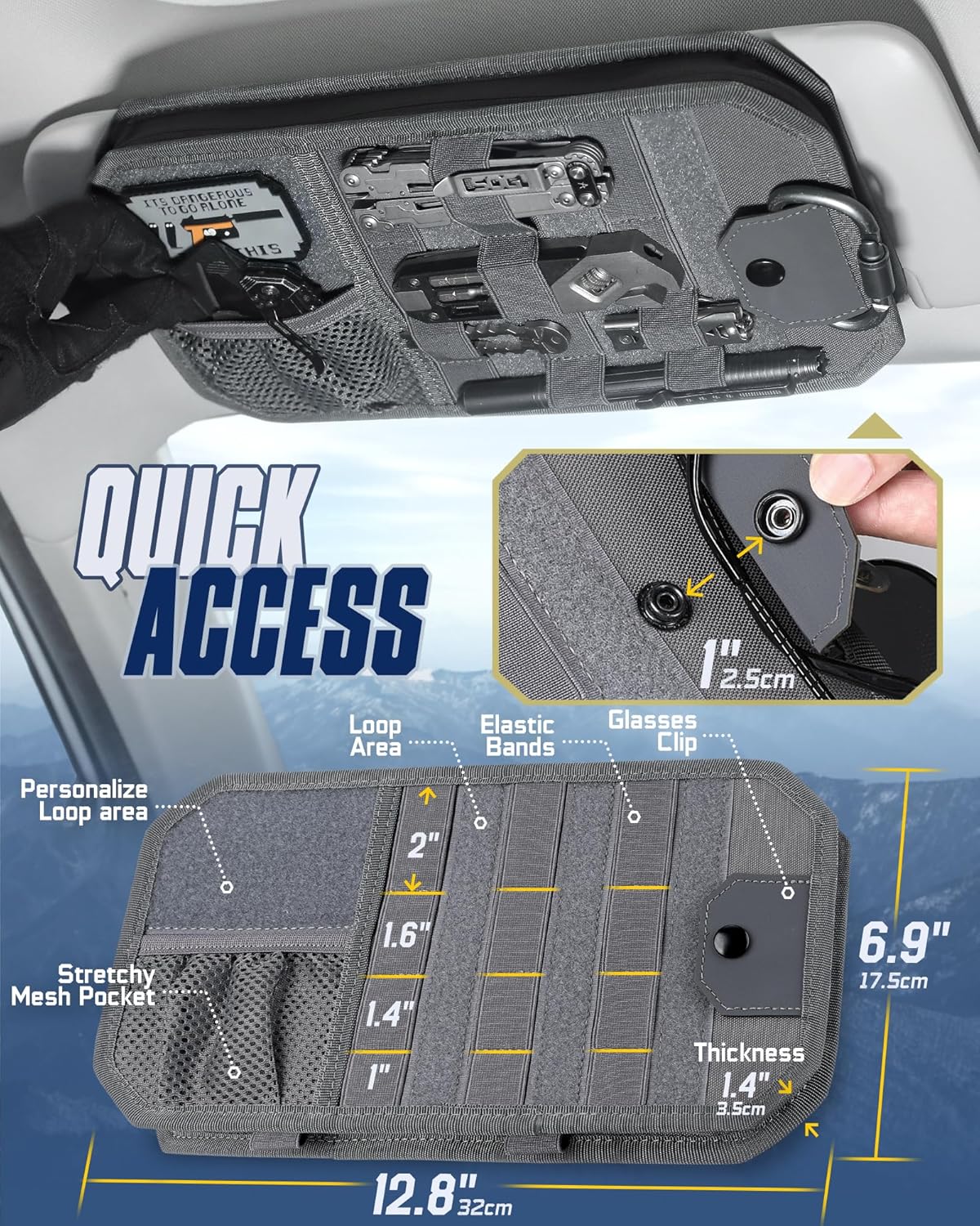WYNEX Molle Car Sun Visor Organizer, Car Accessories with Zip Storage Pouch & Glasses Holder, Semi-Rigid Molle Panel with Patch for Tactical Gears, Fits Most Cars, Trucks, Pickups, Patrols