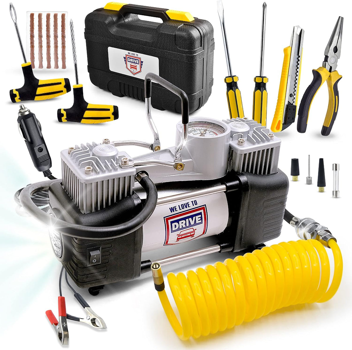 Tire Inflator Portable Air Compressor with Tire Repair Kit – Car Emergency Kit & 12V DC Dual Cylinder Air Pump for Cars, 150 PSI Tyre Pump with Tyre Pressure Gauge, and Car Accessories Air Pump