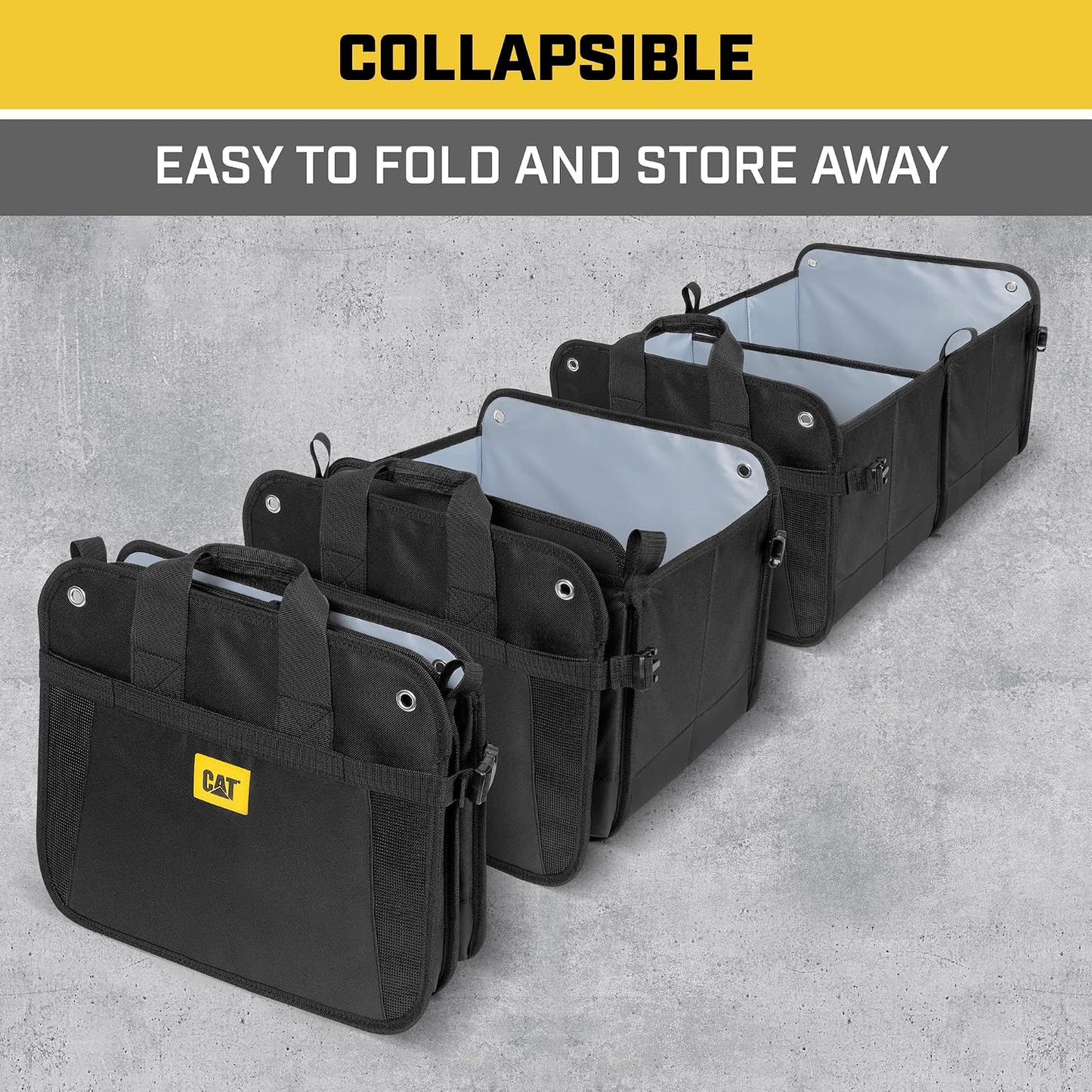 CAT® Car Trunk & Seat Organizer Bundle – Heavy Duty Collapsible Dual-Compartment Trunk Storage + Portable Seat Organizer Caddy, Adjustable Straps, Compact Travel Storage for Cars, Truck & SUV – Black