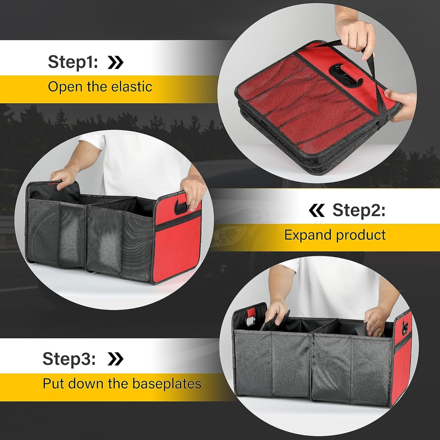 YSSOA 2 Compartments Car Trunk Organizer, 600D Oxford Polyester Car Storage, Anti-slip 14" D x 22" W x 12" H Collapsible Trunk Storage, Suitable for SUV, Minivan, Truck, Red New
