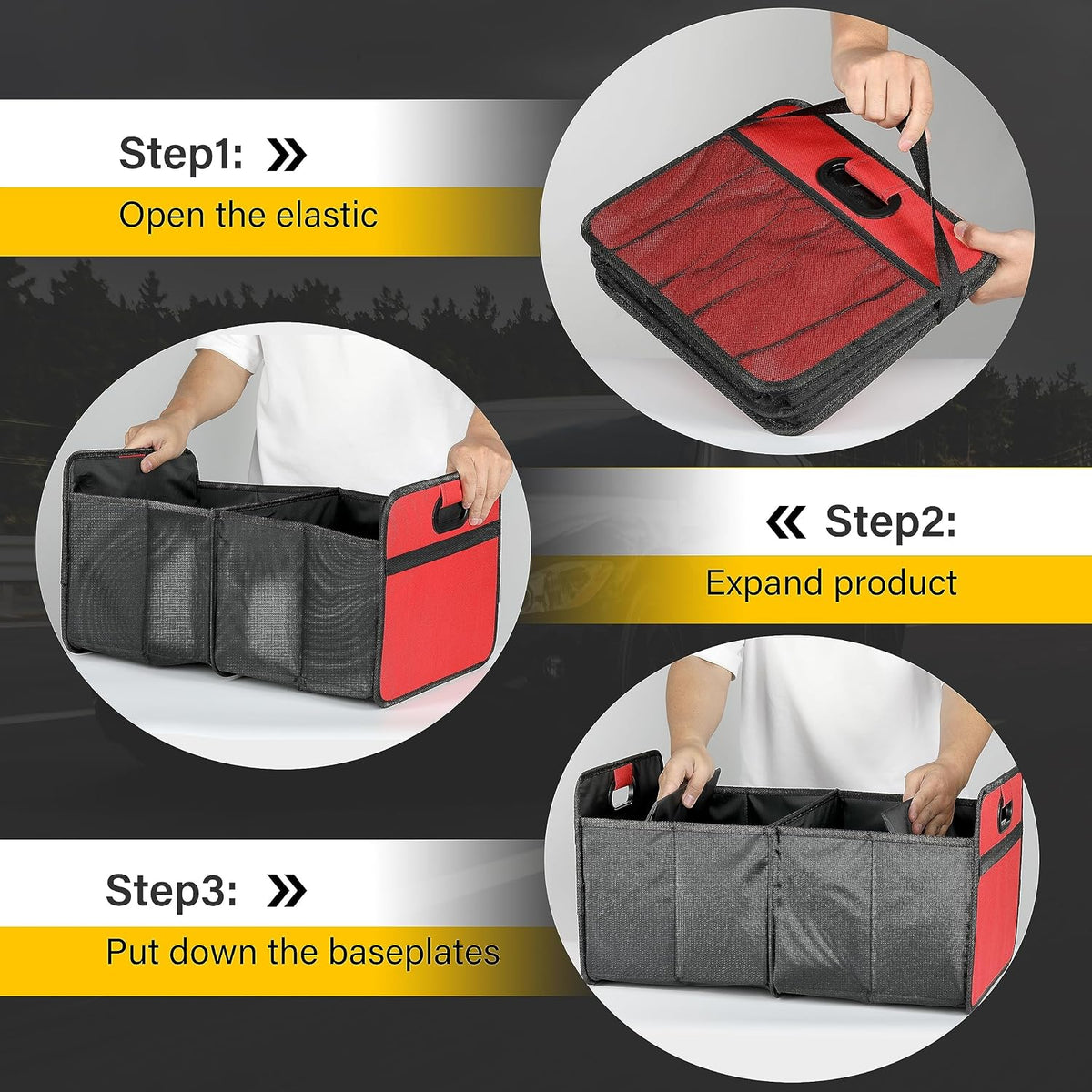 YSSOA 2 Compartments Car Trunk Organizer, 600D Waterproof Oxford Polyester Car Storage, Anti-slip 14" D x 22" W x 12" H Collapsible Trunk Storage, Suitable for SUV, Minivan, Truck, Red
