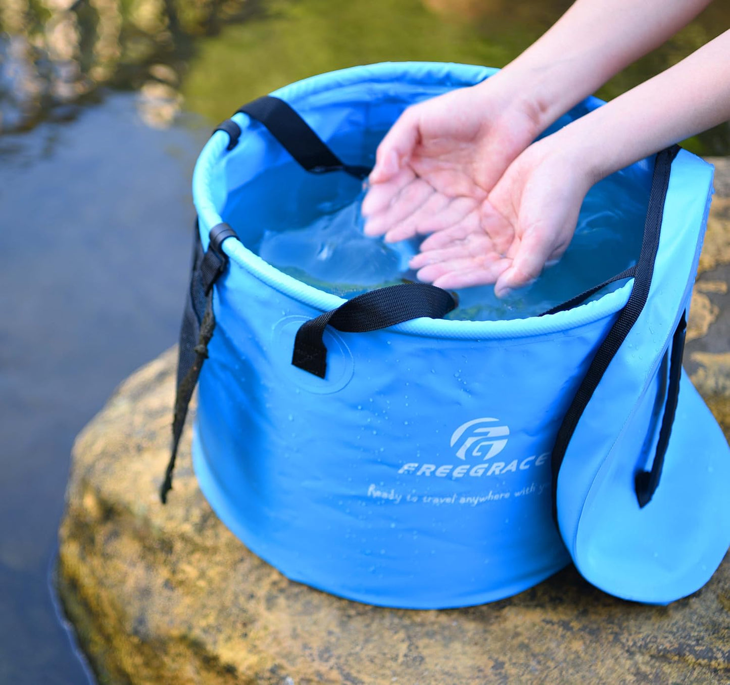Freegrace Collapsible Bucket with Mesh Tool Pocket - 10L, 16L &amp; 23L Portable Folding Water Container - Heavy Duty 500D Tarpaulin, BPA-Free Wash Basin for Camping, Fishing, RV, and Car Washing