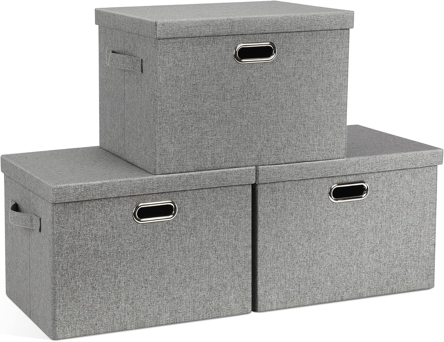 Graciadeco Large 17" 36 Quart Collapsible Stackable Storage Bins with Lids, 3 Packs Grey Linen Fabric Closet Boxes with Lids, Storage Cube Baskets Container Organizers for Bedroom Office(17 x12 x11)