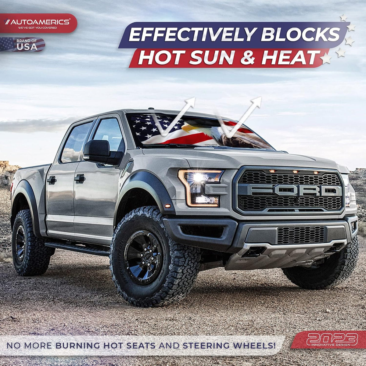 Autoamerics 1-Piece Windshield Sun Shade American Eagle Flag - 2 USA Patriotic Design - Foldable Car Front Window Sunshade for Sedans SUV Truck - Blocks Max UV Rays and Keeps Your Vehicle Cool Medium