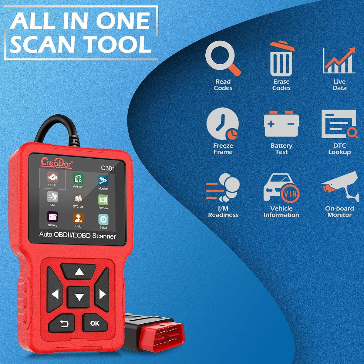 Creator C301 OBD2 Scanner OBDII Code Reader Diagnostic Scan Tool with Battery Test for All OBD-II Protocol Cars Since 1996 Check Engine Light