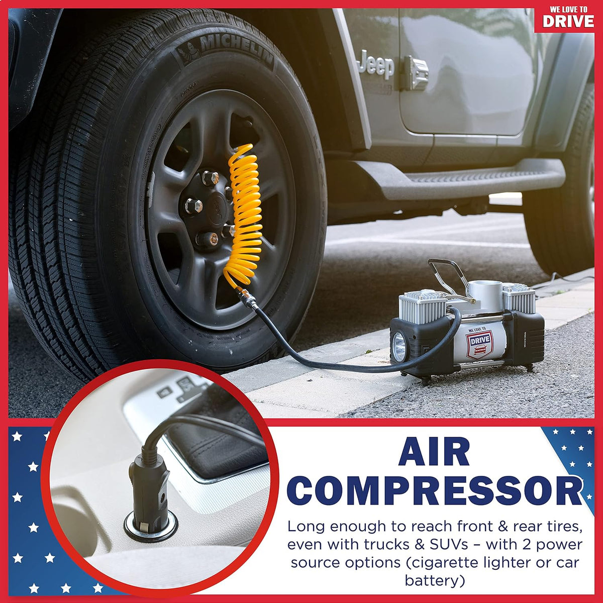 Tire Inflator Portable Air Compressor with Tire Repair Kit – Car Emergency Kit & 12V DC Dual Cylinder Air Pump for Cars, 150 PSI Tyre Pump with Tyre Pressure Gauge, and Car Accessories Air Pump