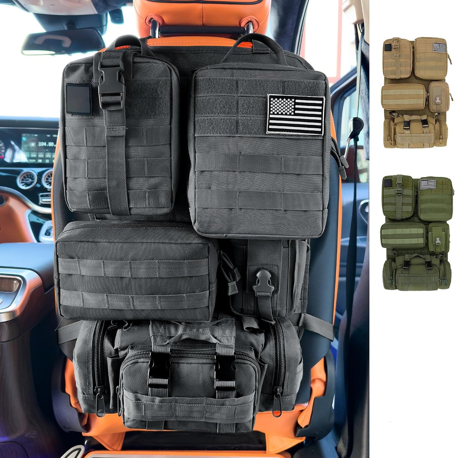 6 Pack Tactical MOLLE Car Seat Back Organizer - Universal Vehicle Storage Bag with 5 Detachable MOLLE Pouches, US Flag Patch & Keychain, Fits Jeep, Truck, SUV, Car (Black)