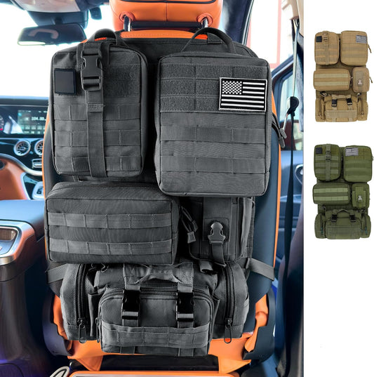 6 Pack Tactical MOLLE Car Seat Back Organizer - Universal Vehicle Storage Bag with 5 Detachable MOLLE Pouches, US Flag Patch & Keychain, Fits Jeep, Truck, SUV, Car (Black)