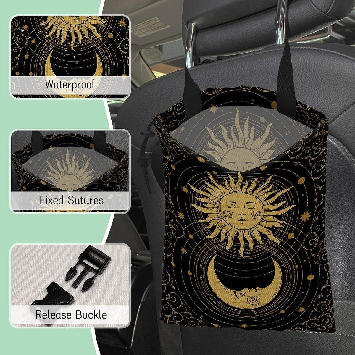 Mystical Sun Car Trash Bag,Golden Crescent Moon Hanging Drawstring Car Garbage Bag,Waterproof Canvas Car Back Seat Organizer with Adjustable Buckle,for Vehicles,SUVs,Camping,Road Trips