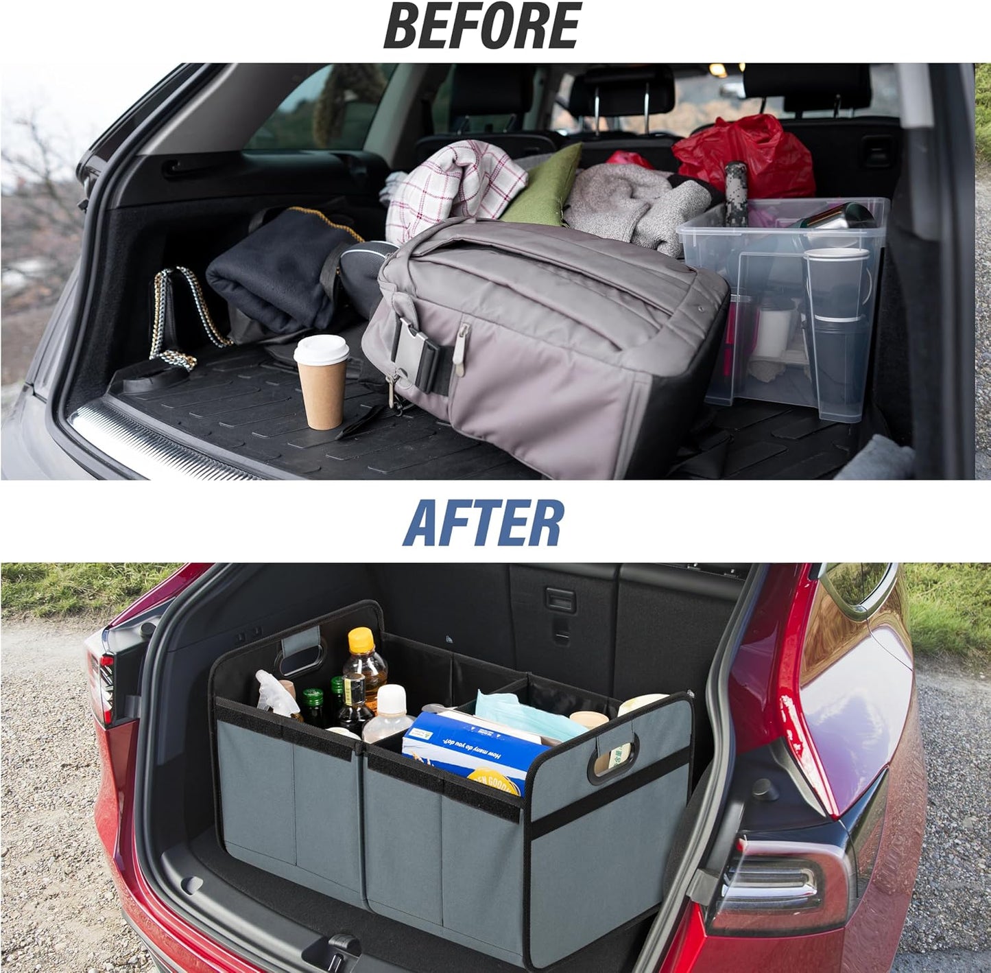 Simple Deluxe Car Trunk Organizer with Lid, Collapsible 2 Compartment 50L Automotive Storage Box with 5 Pocket, 600D Waterproof Oxford Polyester, Non Slip Bottom, Grey-Green, 2 Pack