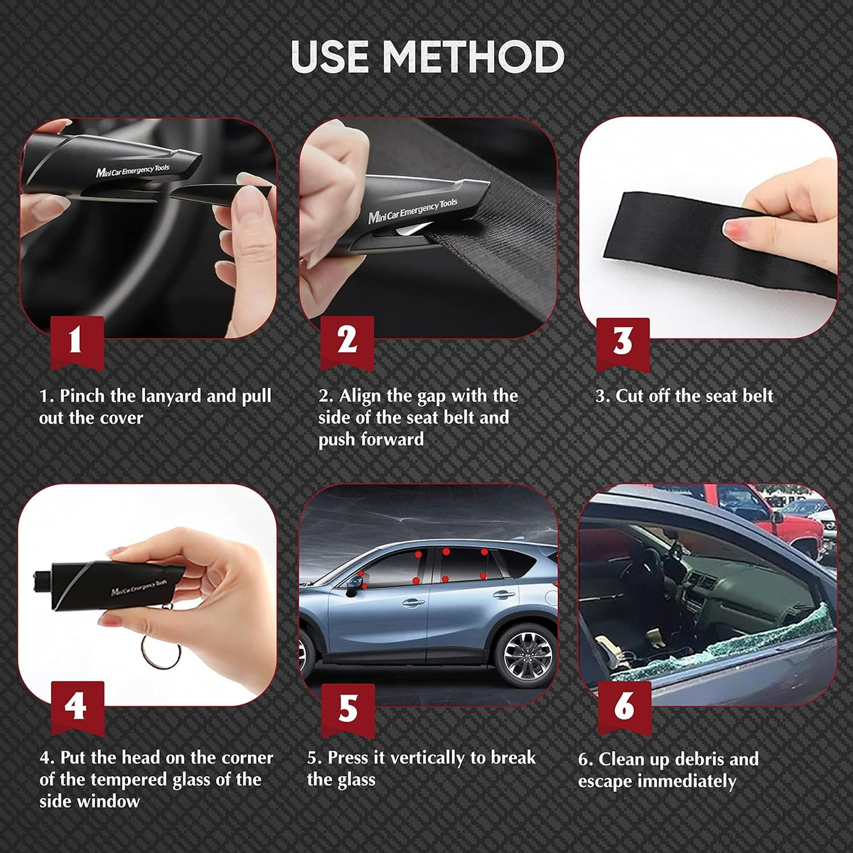 4-Pack Car Window Breaker Keychain Seatbelt Cutter, 3-in-1 Glass Breaker and Seat Belt Cutter, Car Emergency Escape Tool with User Manual for Land and Underwater