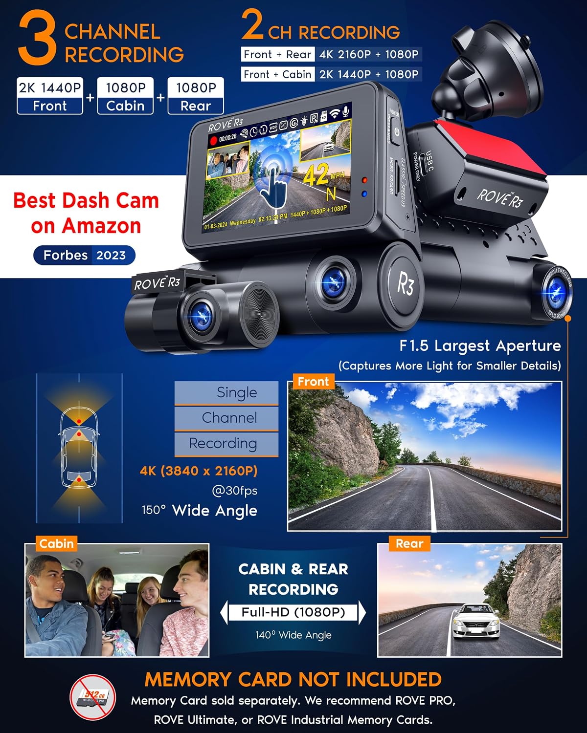 ROVE R3 3 Channel Dash Cam Front and Rear with Cabin, 3in IPS Touch Screen