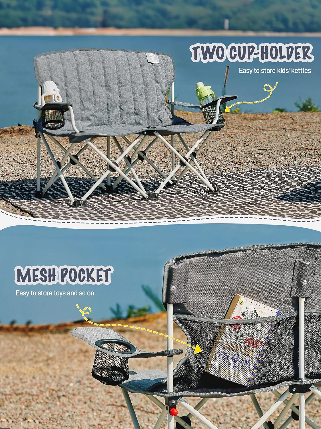 EVER ADVANCED Kids Double Camping Chair with Cupholders Safety Lock, Padded Kids Folding Chair Outdoor with Mesh Pocket, Lightweight Portable Two Person Loveseat for Beach, Supports 300lbs, Grey