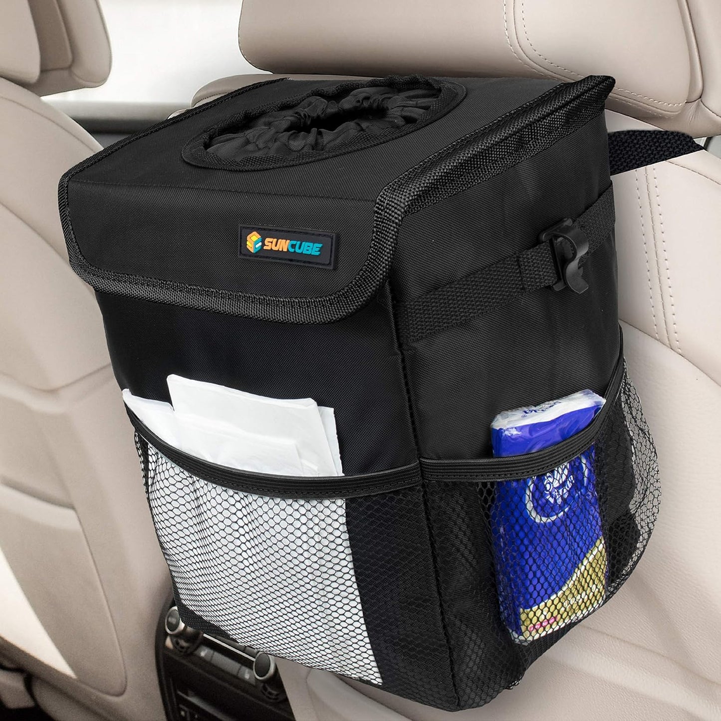 SUN CUBE Waterproof Car Trash Can with Lid, Mesh Pockets | Leakproof Car Garbage Can Hanging | Auto Trash Bin, Garbage Bag Organizer for Headrest, Console, Truck (Dark Gray)