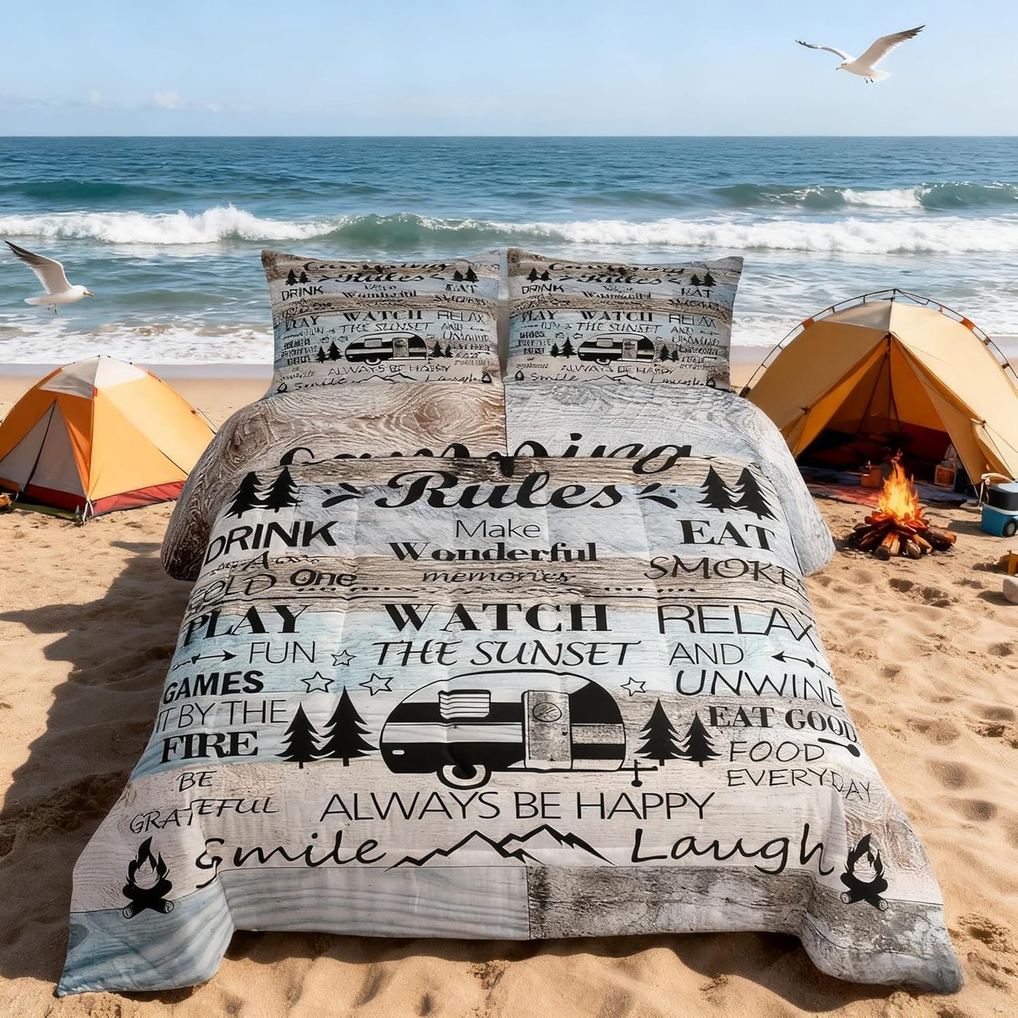 Happy Camping Camper Kids Comforter Set Twin Size,Rustic Farmhouse Adventure Cabin Bedding Set,Girls Boys Room Decor,Wooden Plank Cottage Lake House Quilt Comforter,Vintage Duvet Insert,1 Pillowcase