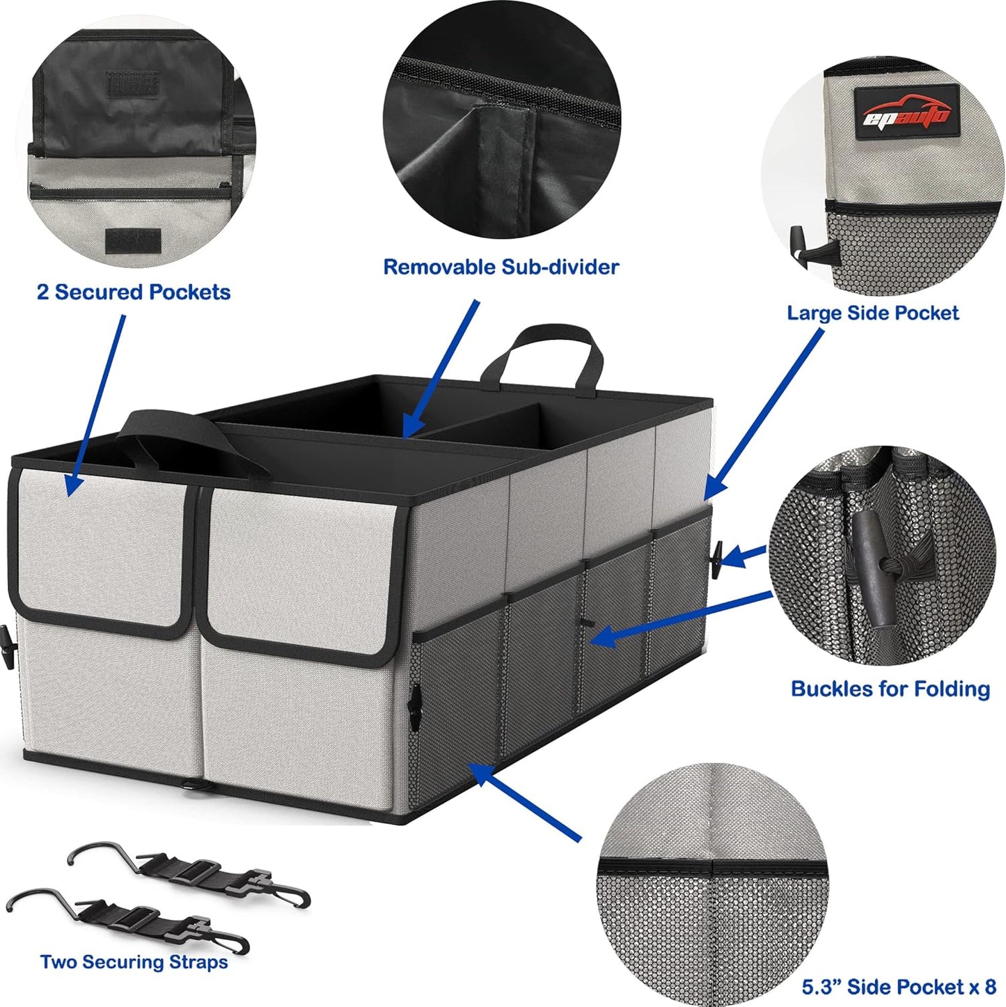 EPAuto Foldable Car Trunk Organizer for SUV, 3-Compartment, Gray | with Removable Divider, Side Pockets and Securing Straps