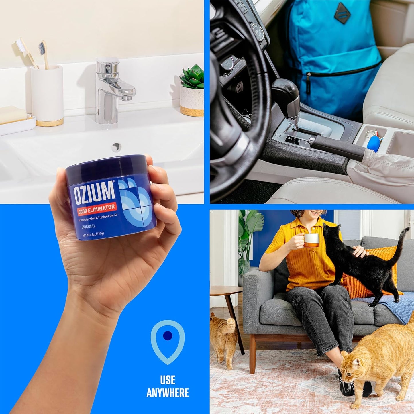 Ozium Odor Eliminating Gel - 4.5oz Air Freshener Alternative for Smoke, Pets, and Musty Odors - Long Lasting Odor Remover for Cars, Homes, Closets and Small Spaces - New Car (Pack of 4)