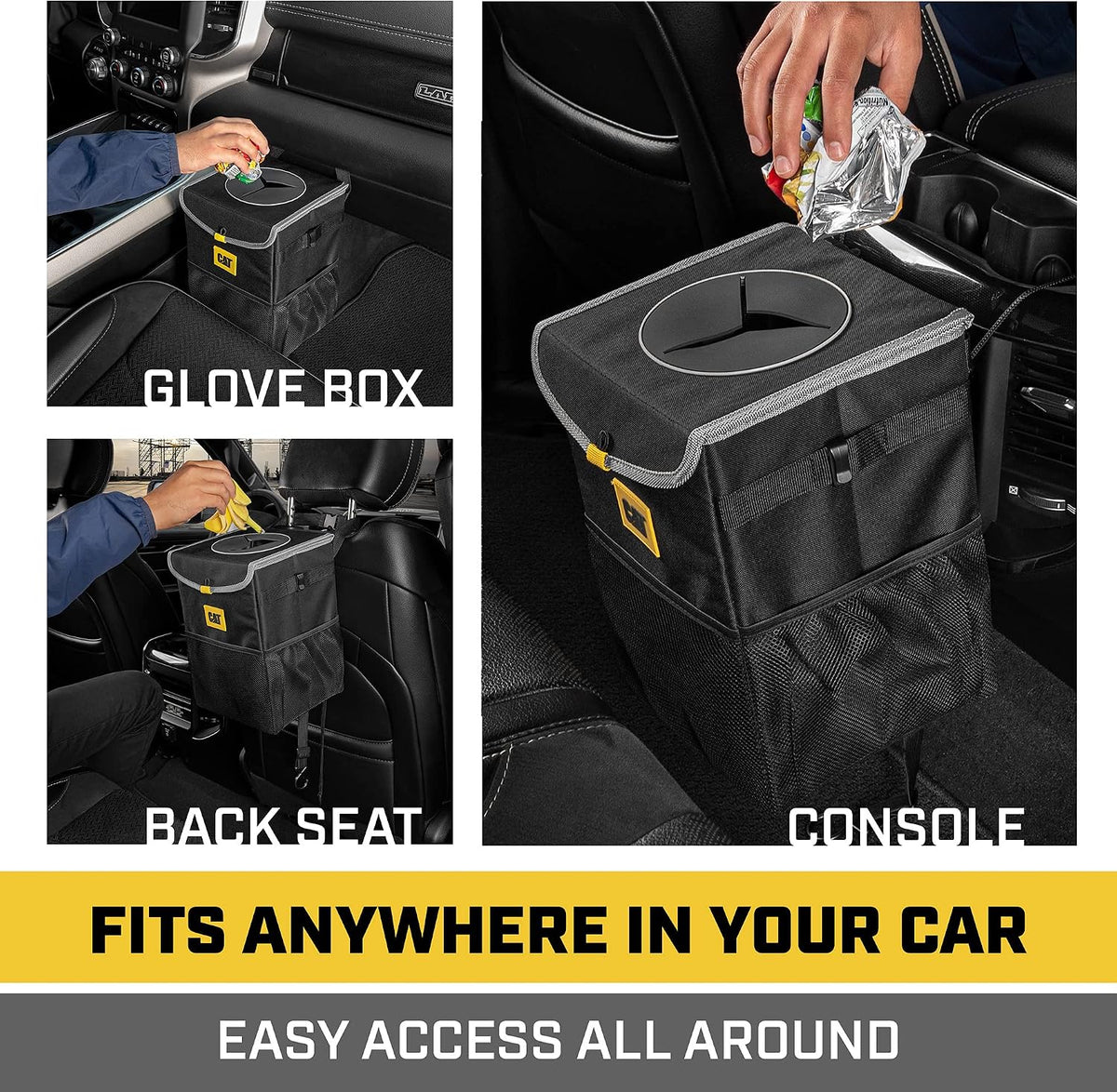 CAT® Car Trash Can Organizer with Lid Storage - Leak-Proof Automotive Organizer for Truck, Car, SUV, and Van with Multiple Pockets Expandable Waterproof Garbage Bin for Auto - Black