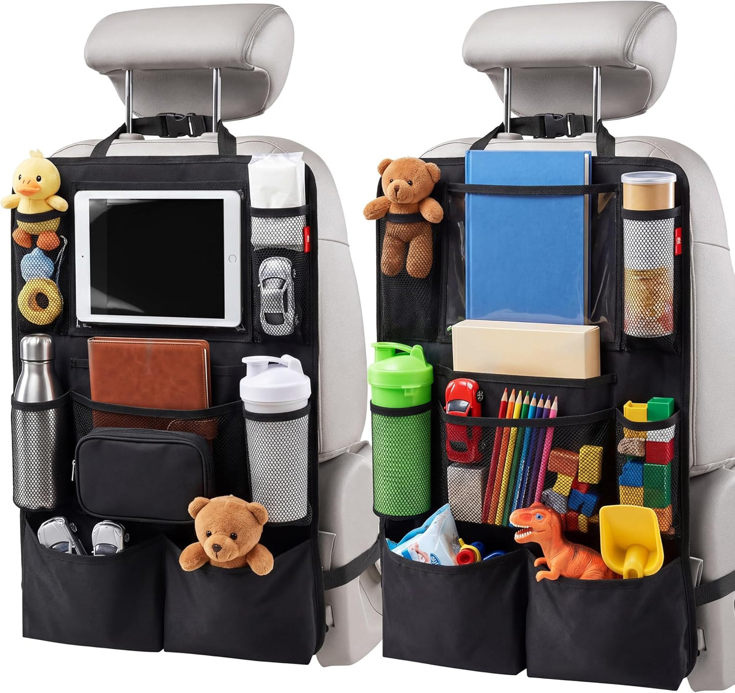 Backseat Car Organizer, backseat car organizer with 9 Pockets & Tablet Holder, Kick Mats for Car Seat Storage and Organization, 2 Pack, Black—Perfect for Travel.