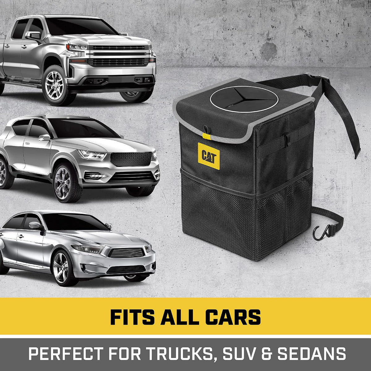 CAT® Car Trash Can Organizer with Lid Storage - Leak-Proof Automotive Organizer for Truck, Car, SUV, and Van with Multiple Pockets Expandable Waterproof Garbage Bin for Auto - Black