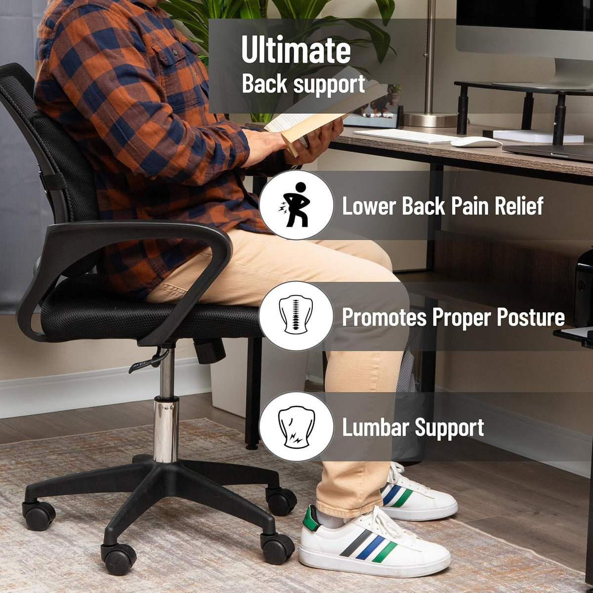 Mind Reader Lumbar Support Cushion with Air-Cloud Memory Foam, Ergonomic Lower Back Pillow for Office Chair and Car Seat, Black